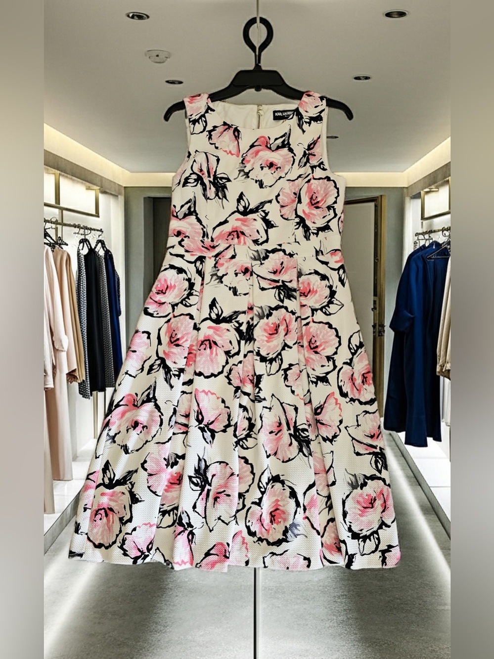 Karl Lagerfeld Paris Floral Fit & Flare Dress Ivory Pink Size 10